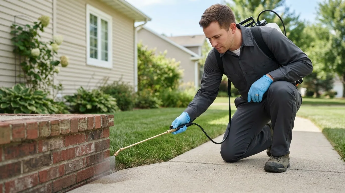 Pest control technician treating a home near Beaverton, MI