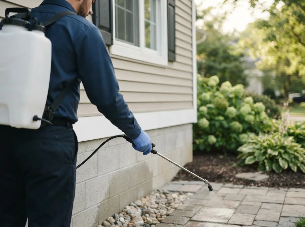 Pest control technician inspecting a home in Beaverton, MI